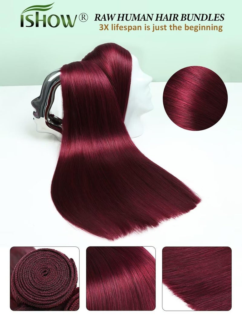 ISHOW Raw Human Hair Bundles, 100% Unprocessed Virgin Human Hair, 15A Straight Premium Quality Bundles Producer, 14 Inch Single Bundle, Long Lasting, Red Burgundy Color 99J - Image 3